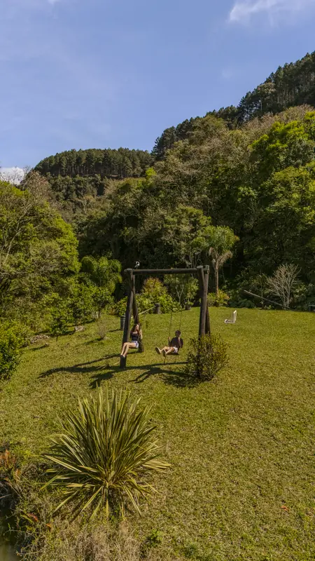 Hóspedes no balanço de madeira, no gramado do vale